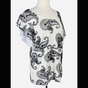 Liv Los Angeles Black & White Embroidered Paisley Stretchy Top L